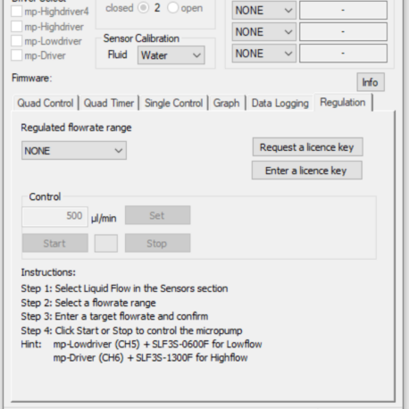 A screenshot of the regulation software displaying all the different controll parameters the user can use to regulate flow in their system.