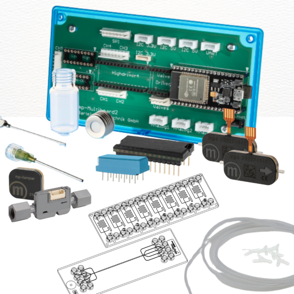 Content of Liquid Dispensing Kit shown, including pumps, damper, mp-Multiboard2 and accessories