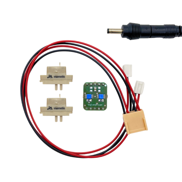 Two miniature valves, a valvedriver electronic and a connector and power cable.