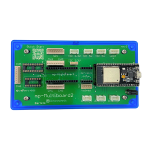 The mp-Multiboard2 fitted with an ESP32 microcontroller, connection ports for sensors valves, drivers and pumps.