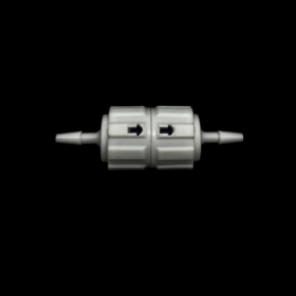 Top down view of a small white plastic valve with two fluidic connectors.
